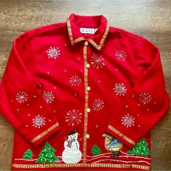 KEREN HART vintage Christmas snowman granny jacket wool blend size L faux Pearls - Picture 3 of 13